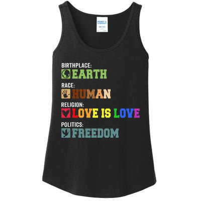 Birth Place Earth Race Human Politics Freedom Religion Love Ladies Essential Tank