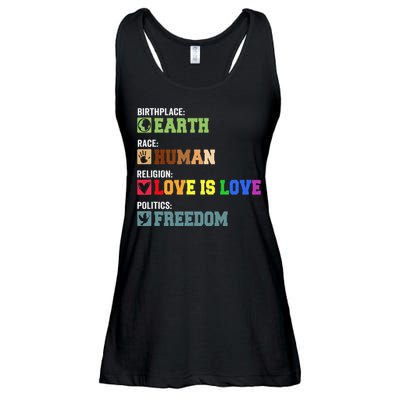 Birth Place Earth Race Human Politics Freedom Religion Love Ladies Essential Flowy Tank