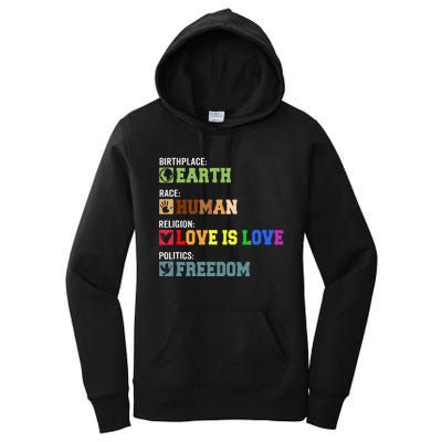 Birth Place Earth Race Human Politics Freedom Religion Love Women's Pullover Hoodie