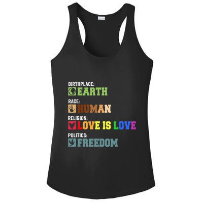 Birth Place Earth Race Human Politics Freedom Religion Love Ladies PosiCharge Competitor Racerback Tank