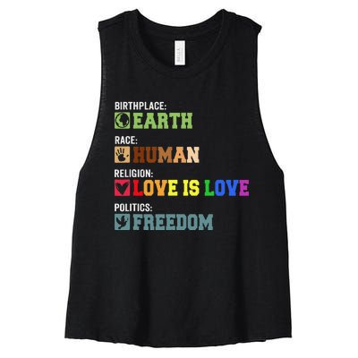 Birth Place Earth Race Human Politics Freedom Religion Love Women's Racerback Cropped Tank