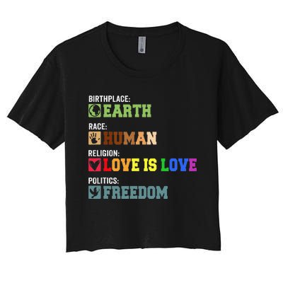 Birth Place Earth Race Human Politics Freedom Religion Love Women's Crop Top Tee