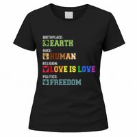 Birth Place Earth Race Human Politics Freedom Religion Love Women's T-Shirt