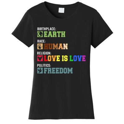 Birth Place Earth Race Human Politics Freedom Religion Love Women's T-Shirt