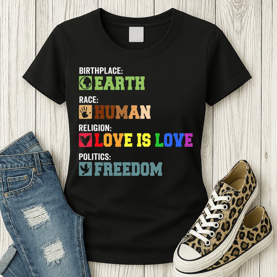 Birth Place Earth Race Human Politics Freedom Religion Love Womens T-Shirt