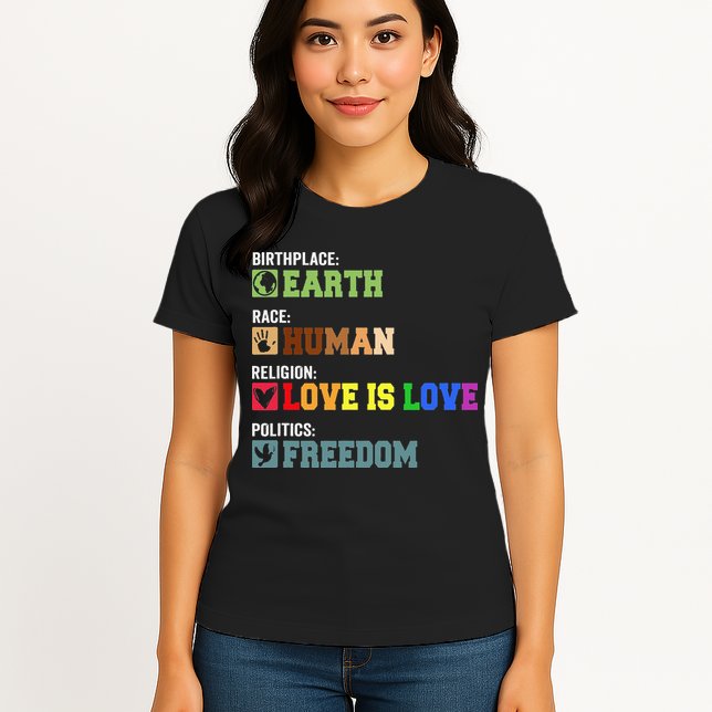 Birth Place Earth Race Human Politics Freedom Religion Love Womens T-Shirt