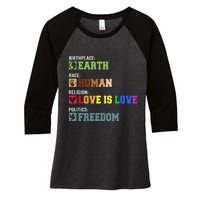 Birth Place Earth Race Human Politics Freedom Religion Love Women's Tri-Blend 3/4-Sleeve Raglan Shirt