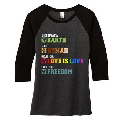 Birth Place Earth Race Human Politics Freedom Religion Love Women's Tri-Blend 3/4-Sleeve Raglan Shirt