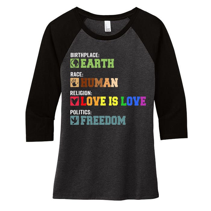 Birth Place Earth Race Human Politics Freedom Religion Love Women's Tri-Blend 3/4-Sleeve Raglan Shirt