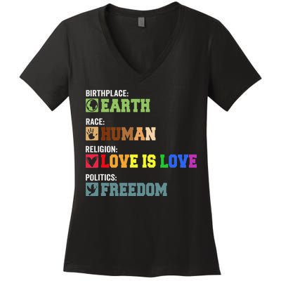 Birth Place Earth Race Human Politics Freedom Religion Love Women's V-Neck T-Shirt