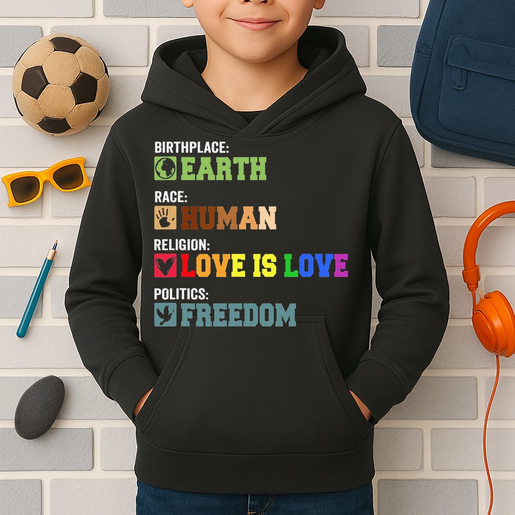 Birth Place Earth Race Human Politics Freedom Religion Love Kids Hoodie
