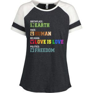 Birth Place Earth Race Human Politics Freedom Religion Love Enza Ladies Jersey Colorblock Tee