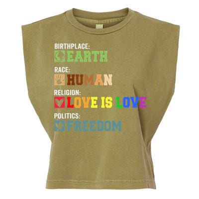 Birth Place Earth Race Human Politics Freedom Religion Love Garment-Dyed Women's Muscle Tee