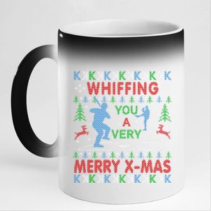 Baseball Pitching Funny Ugly Christmas Sweater Party Gift 11oz Black Color Changing Mug