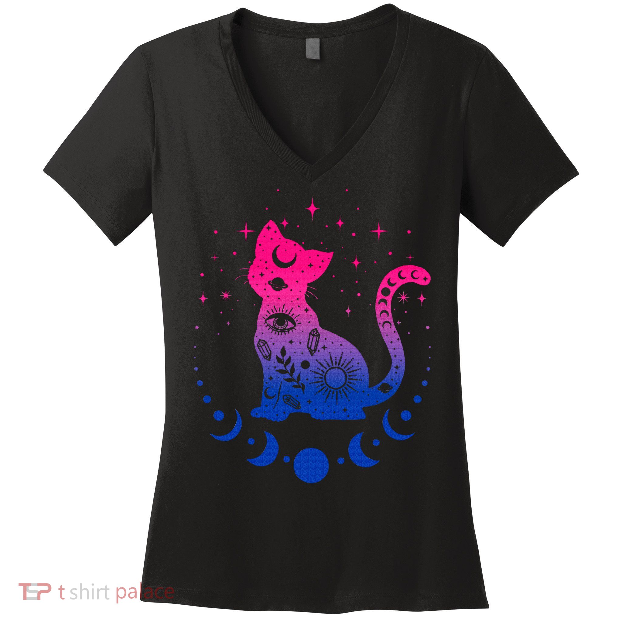 Bisexual pride flag colors astronomy cat Women's V-Neck T-Shirt