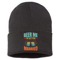 Bachelor Party Fiance Engagement For Groom Retro Beer Sustainable Knit Beanie