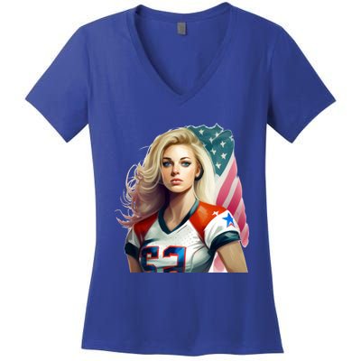 Beautiful Patriotic Football With America Flag Cute Gift Women's V-Neck T-Shirt