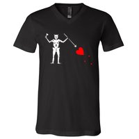 Blackbeard Pirate Flag Jolly Roger Skeleton Halloween V-Neck T-Shirt