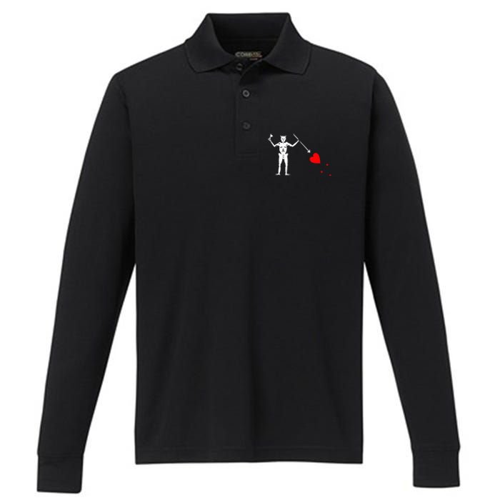 Blackbeard Pirate Flag Jolly Roger Skeleton Performance Long Sleeve Polo