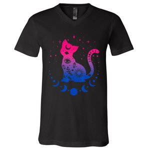 Bisexual Pride Flag Colors Astronomy Cat V-Neck T-Shirt