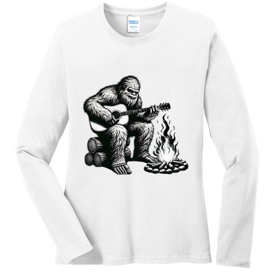 Bigfoot Playing Guitar Rock On Sasquatch Big Foot Ladies Long Sleeve Shirt