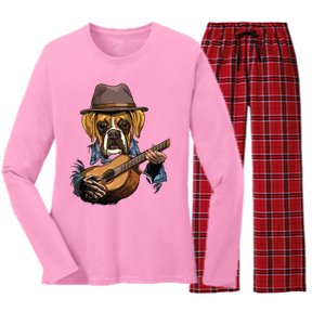 Boxer Playing Guitar Pet Doggo Boxer Dog Lover Guitar Player Women's Long Sleeve Flannel Pajama Set 