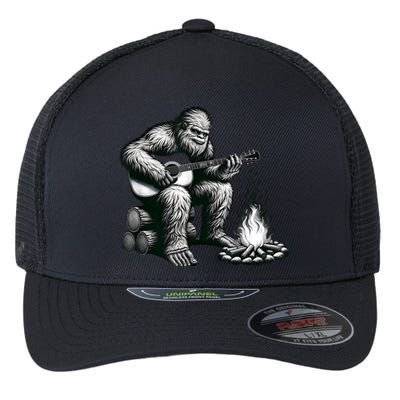 Bigfoot Playing Guitar Rock On Sasquatch Big Foot Flexfit Unipanel Trucker Cap