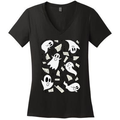 Book Page Ghosts Halloween Books Lover Women's V-Neck T-Shirt