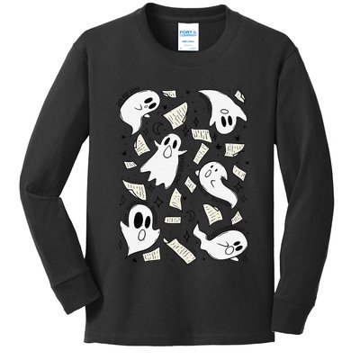Book Page Ghosts Halloween Books Lover Kids Long Sleeve Shirt