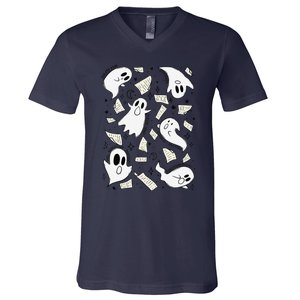 Book Page Ghosts Halloween Books Lover V-Neck T-Shirt