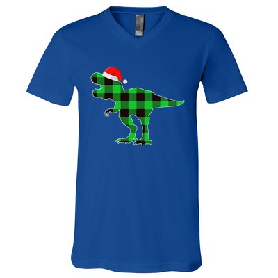 Buffalo Plaid Green Dinosaur T Rex Funny Christmas V-Neck T-Shirt