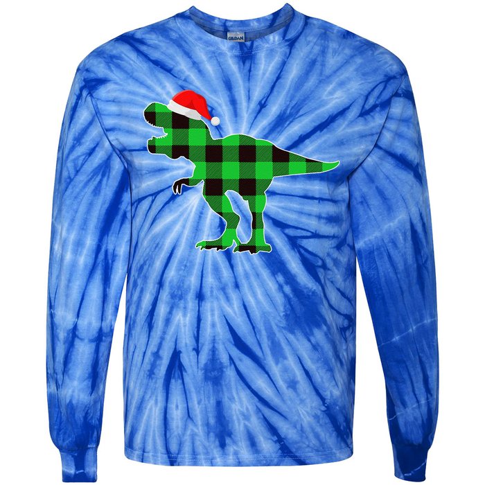 Buffalo Plaid Green Dinosaur T Rex Funny Christmas Tie-Dye Long Sleeve Shirt