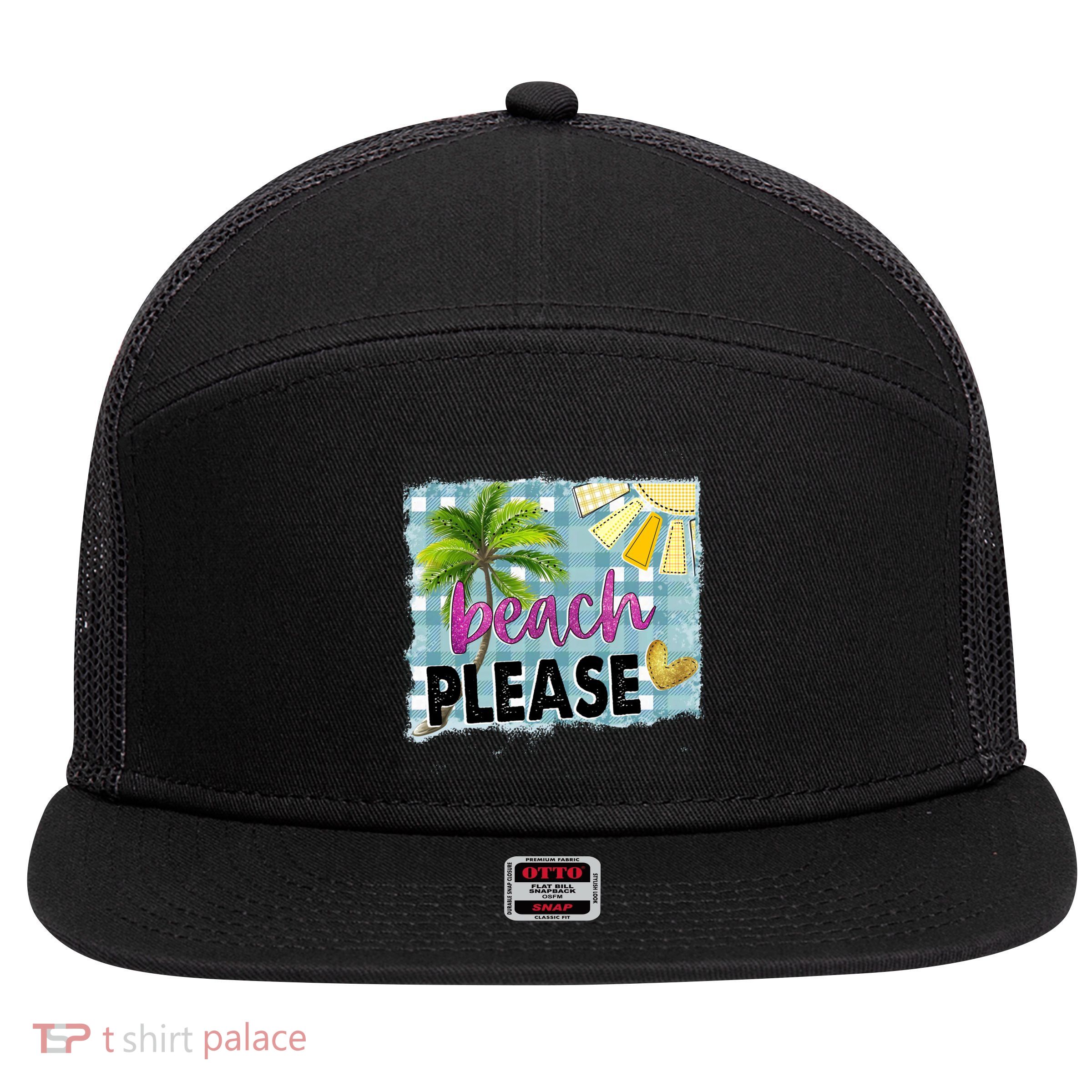 Beach Please Hello Summer Vibes Beach Vacay Summertime Gift 7 Panel Mesh Trucker Snapback Hat