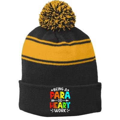 Being Para Heart Work Paraprofessional Back To School Stripe Pom Pom Beanie