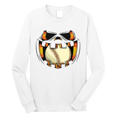 Baseball Player Halloween Pumpkin Jack O Lantern Mouth Ball Long Sleeve Shirt