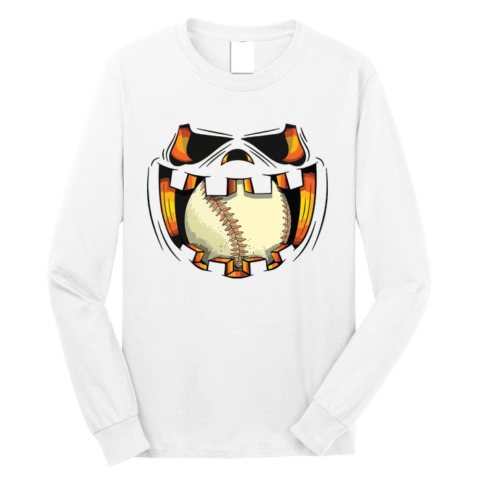 Baseball Player Halloween Pumpkin Jack O Lantern Mouth Ball Long Sleeve Shirt