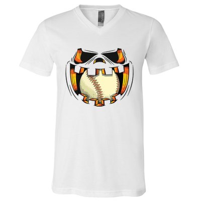 Baseball Player Halloween Pumpkin Jack O Lantern Mouth Ball V-Neck T-Shirt