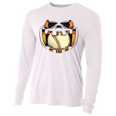 Baseball Player Halloween Pumpkin Jack O Lantern Mouth Ball Cooling Performance Long Sleeve Crew