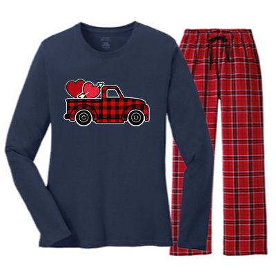 Buffalo Plaid Heart Valentine's Day Buffalo Truck Cute Women's Long Sleeve Flannel Pajama Set 