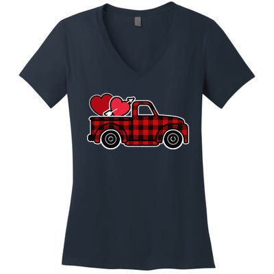 Buffalo Plaid Heart Valentine's Day Buffalo Truck Cute Women's V-Neck T-Shirt