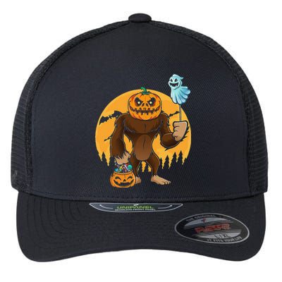 Bigfoot Pumpkin Halloween Costume Bigfoot And Moon Flexfit Unipanel Trucker Cap