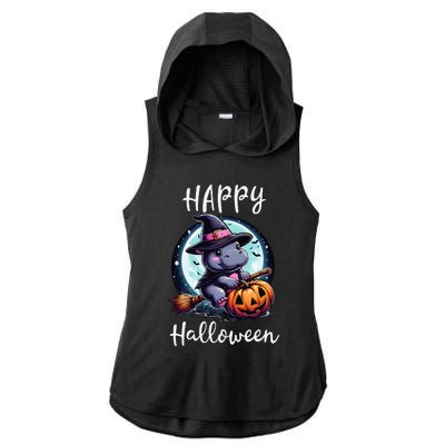 Baby Pygmy Hippo Ride Witch Broom Funny Halloween Hippos Ladies PosiCharge Tri-Blend Wicking Draft Hoodie Tank