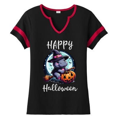 Baby Pygmy Hippo Ride Witch Broom Funny Halloween Hippos Ladies Halftime Notch Neck Tee