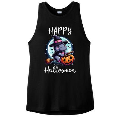 Baby Pygmy Hippo Ride Witch Broom Funny Halloween Hippos Ladies PosiCharge Tri-Blend Wicking Tank