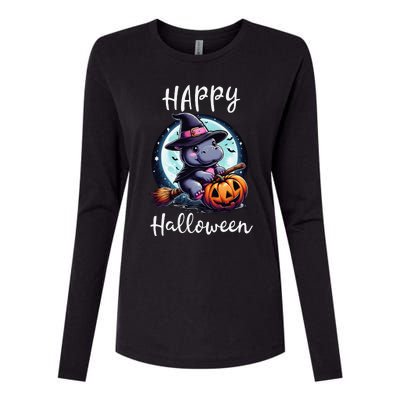 Baby Pygmy Hippo Ride Witch Broom Funny Halloween Hippos Womens Cotton Relaxed Long Sleeve T-Shirt