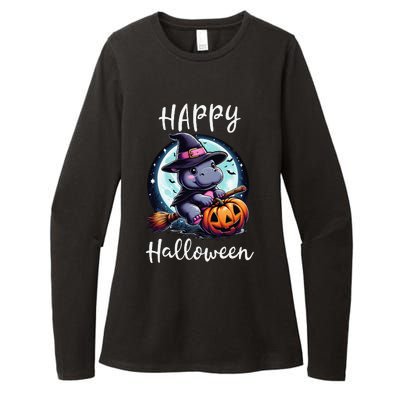 Baby Pygmy Hippo Ride Witch Broom Funny Halloween Hippos Womens CVC Long Sleeve Shirt