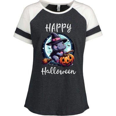 Baby Pygmy Hippo Ride Witch Broom Funny Halloween Hippos Enza Ladies Jersey Colorblock Tee