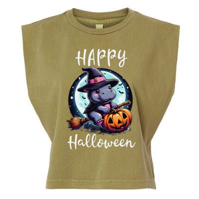 Baby Pygmy Hippo Ride Witch Broom Funny Halloween Hippos Garment-Dyed Women's Muscle Tee