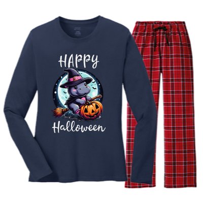 Baby Pygmy Hippo Ride Witch Broom Funny Halloween Hippos Women's Long Sleeve Flannel Pajama Set 