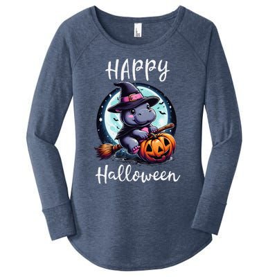 Baby Pygmy Hippo Ride Witch Broom Funny Halloween Hippos Women's Perfect Tri Tunic Long Sleeve Shirt